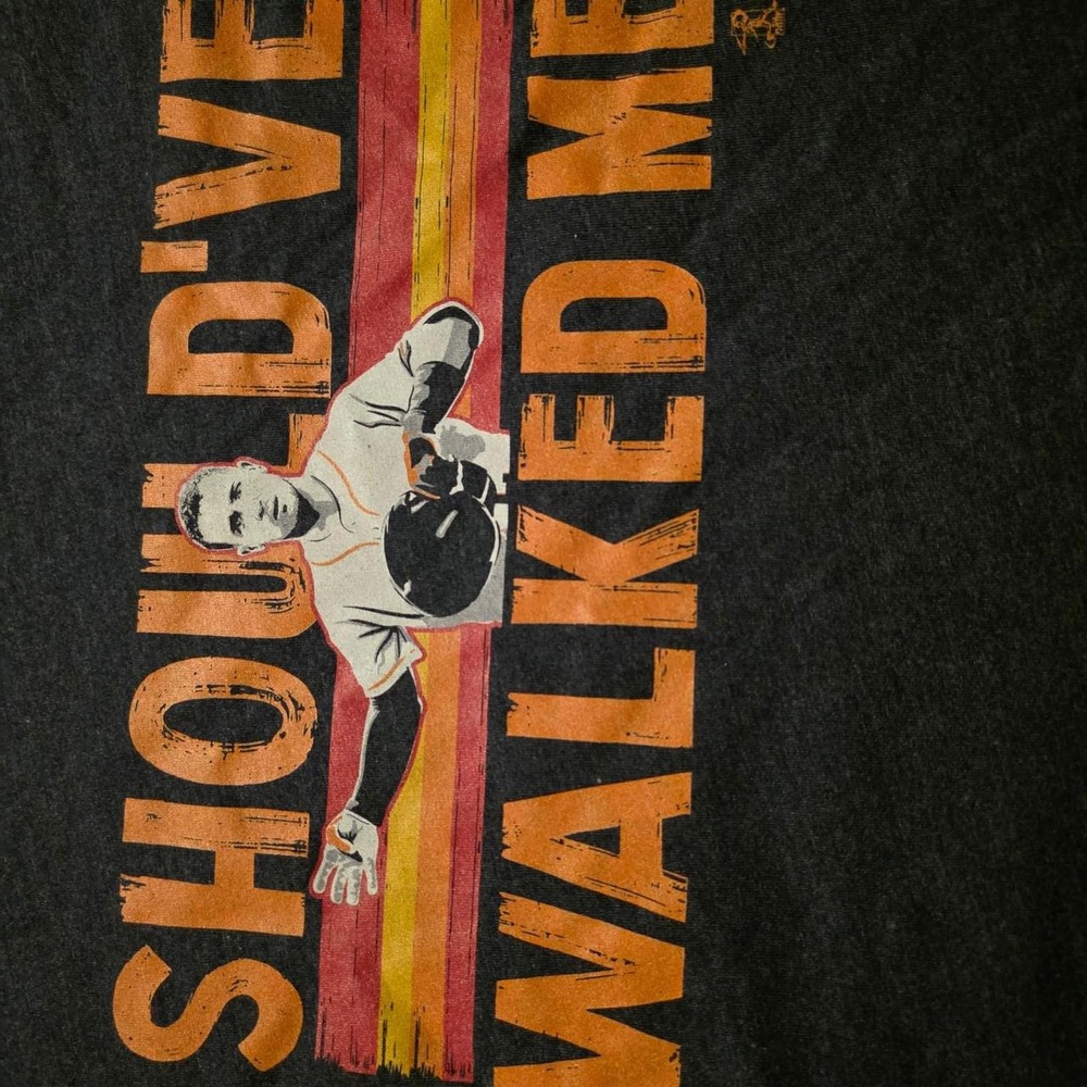 Navy blue cotton & polyester t-shirt with the words 'SHOULD'VE WALKED ME'